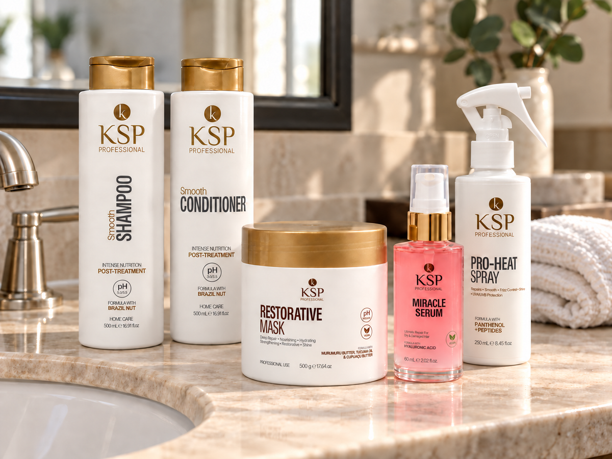 KSP Shampoo, Conditioner, Restorative Mask, Miracle Serum and Pro-Heat Spray in a bathroom setting