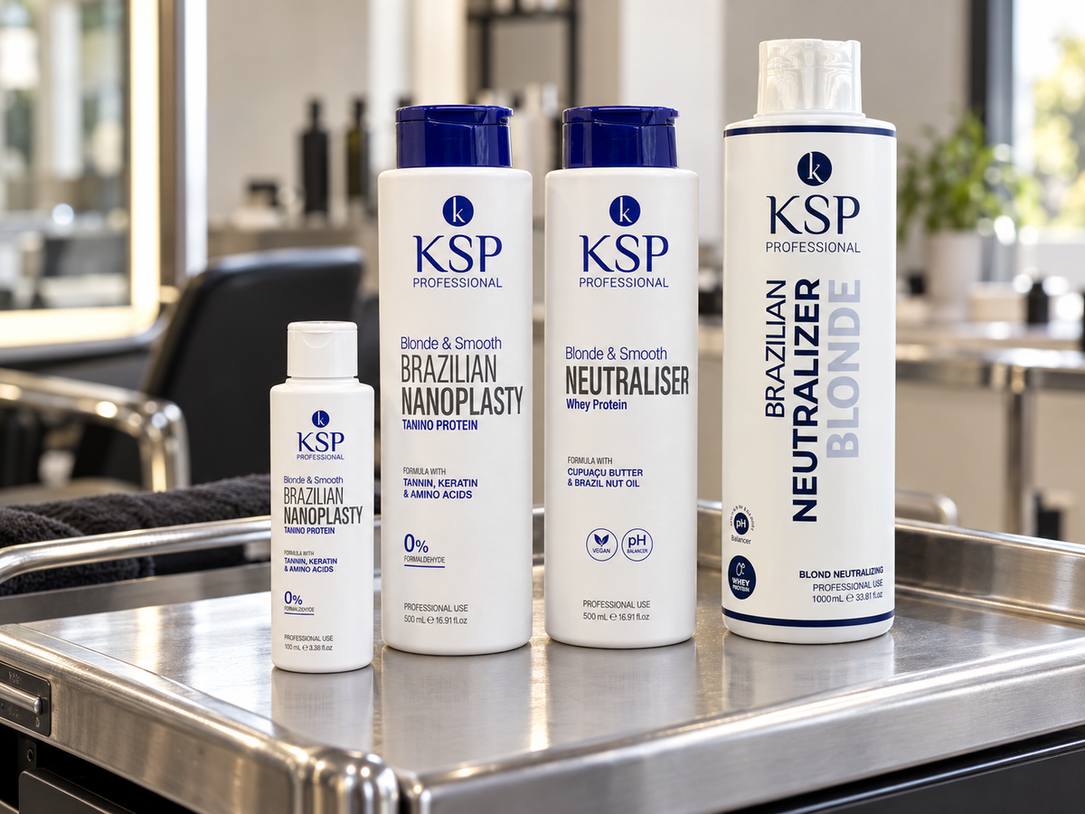 KSP Hair Blonde Smooth product range arranged in a professional salon setting.
