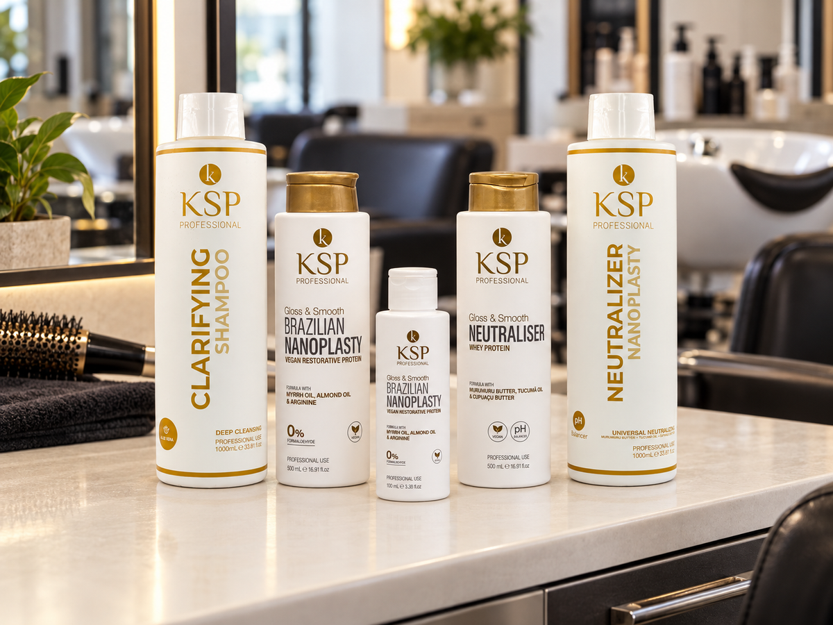 KSP Hair Gloss Smooth product range arranged at a salon workstation.